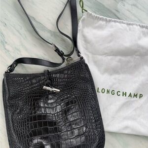 Longchamp Black Croc-Embossed Crossbody Bag